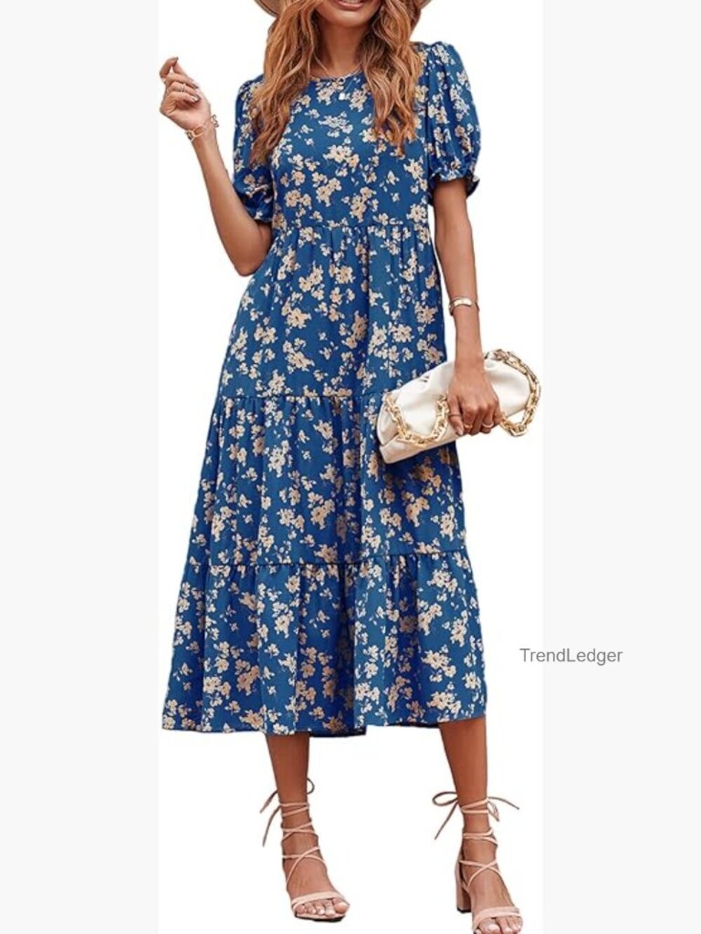Boho Floral Midi Dress with Puff Sleeves - Summer Beach Sundress - Picture 1 of 7